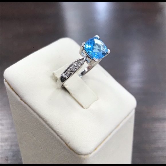 🎁14K white gold Blue Topaz and diamond ring - Picture 2 of 3